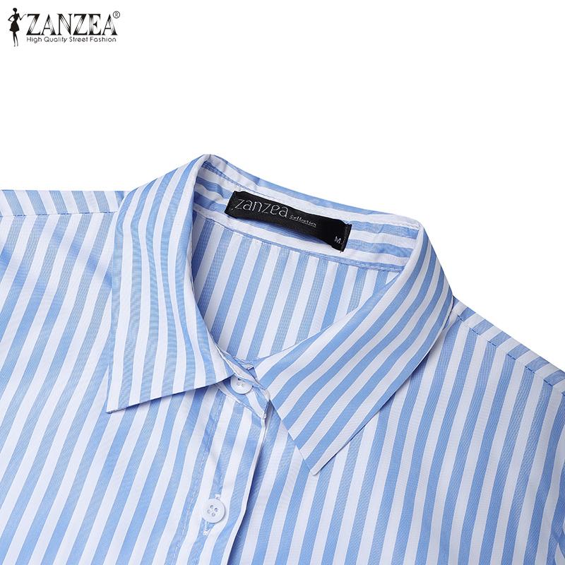 ZANZEA Women Turn Down Collar Casual 3/4 Sleeve Loose Stripe Dress