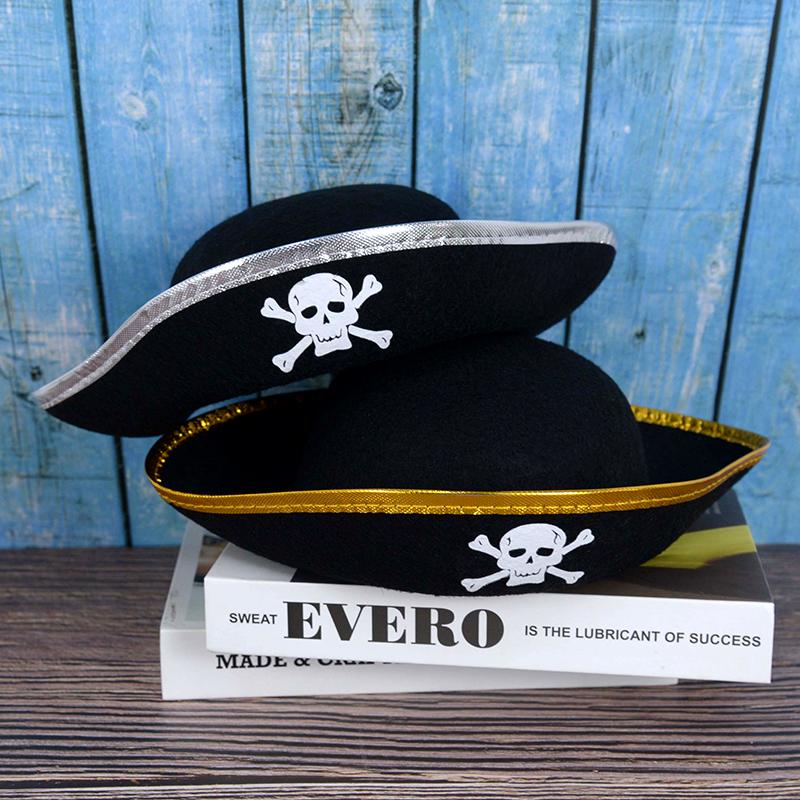 Tri Corner Pirate Hat Halloween Skull Print Captain Cap For Adults Children