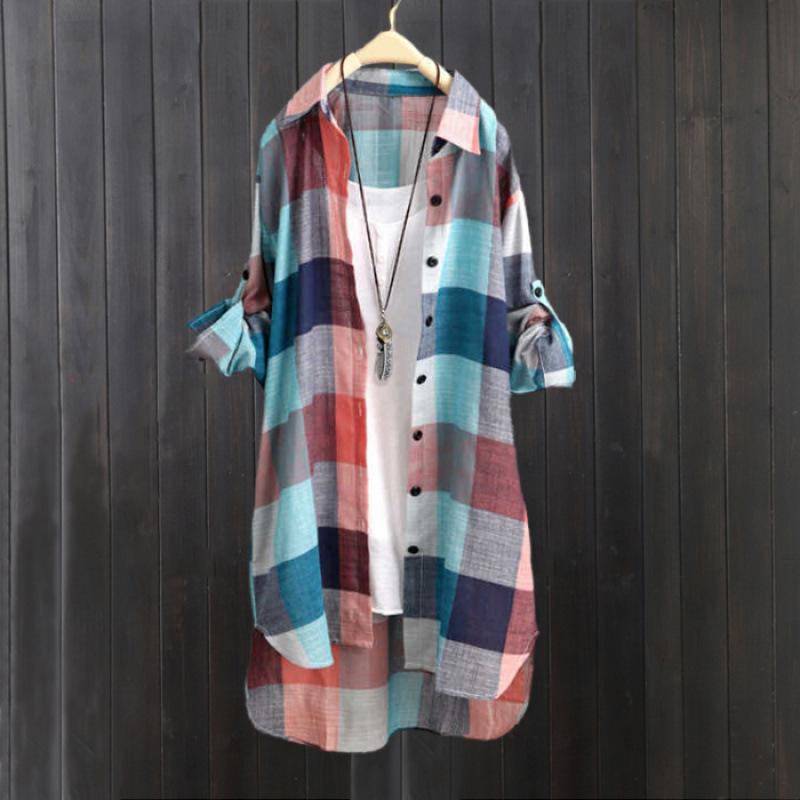 Cotton and linen shirt jacket women's summer thin sunscreen shirt medium and long long-sleeved top loose plaid shirt