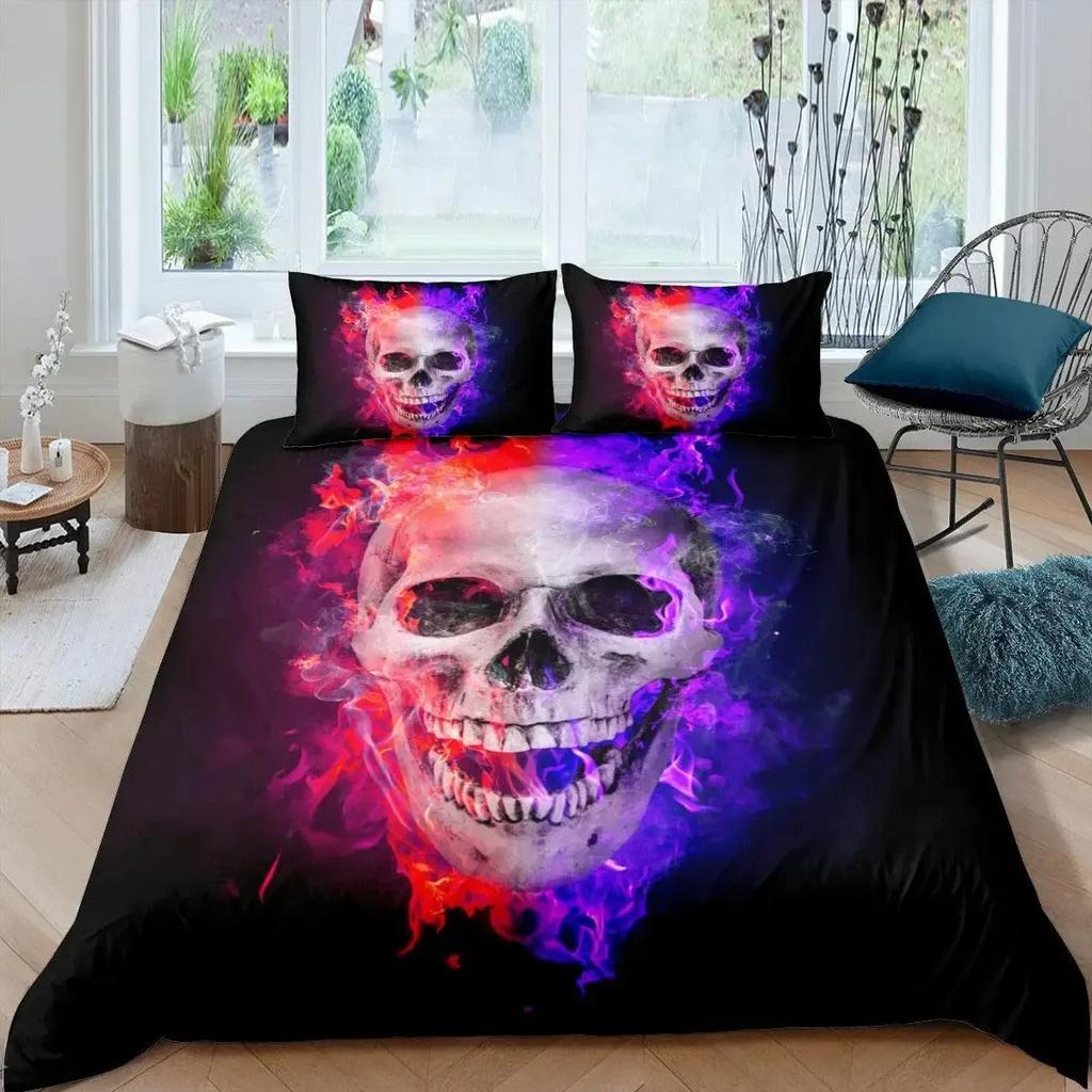 Black Blue Flame Skull Duvet Cover Set Full Size 3D Skeleton Bones Bedding Set Gothic Comforter Cover Horror Skull Quilt Cover