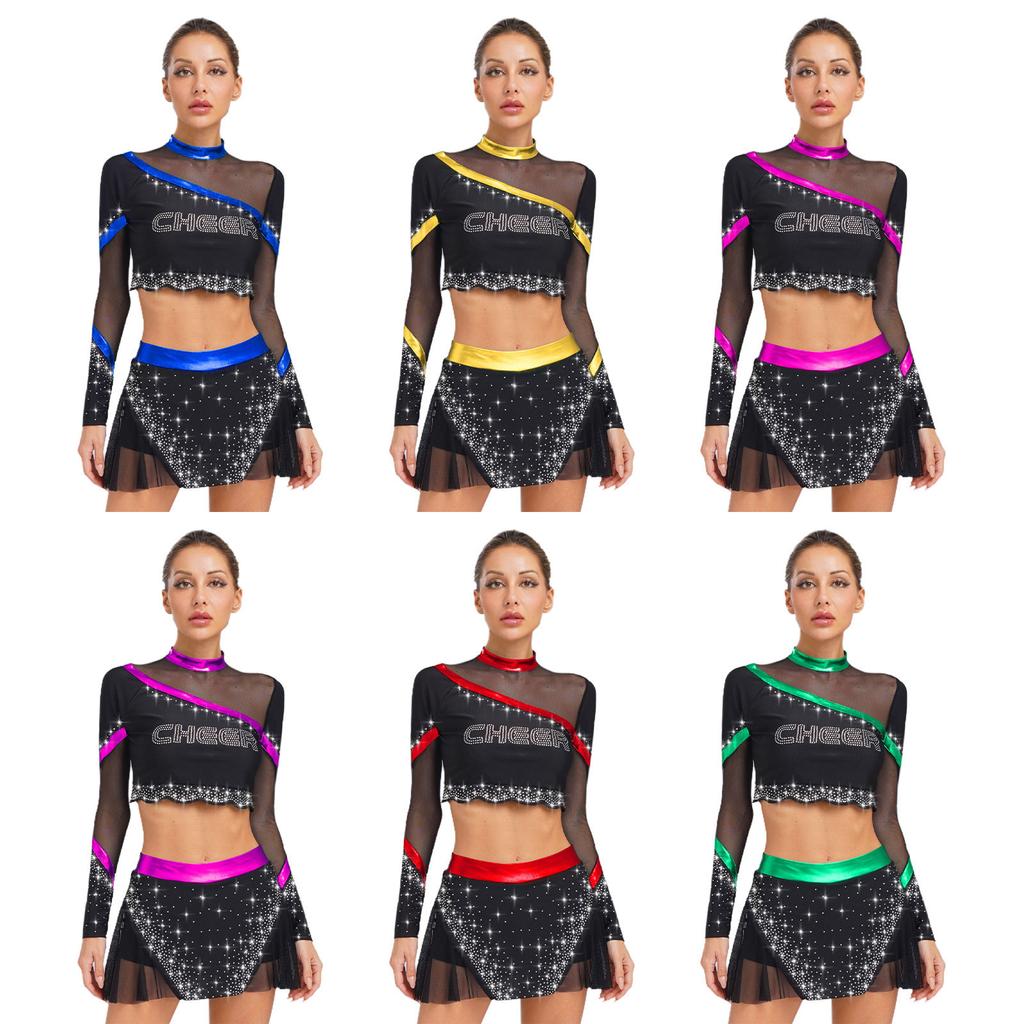 Womens Cheerleading Costume Set Long Sleeve Rhinestone Crop Top Matching Dance Skirt Performance Outfit