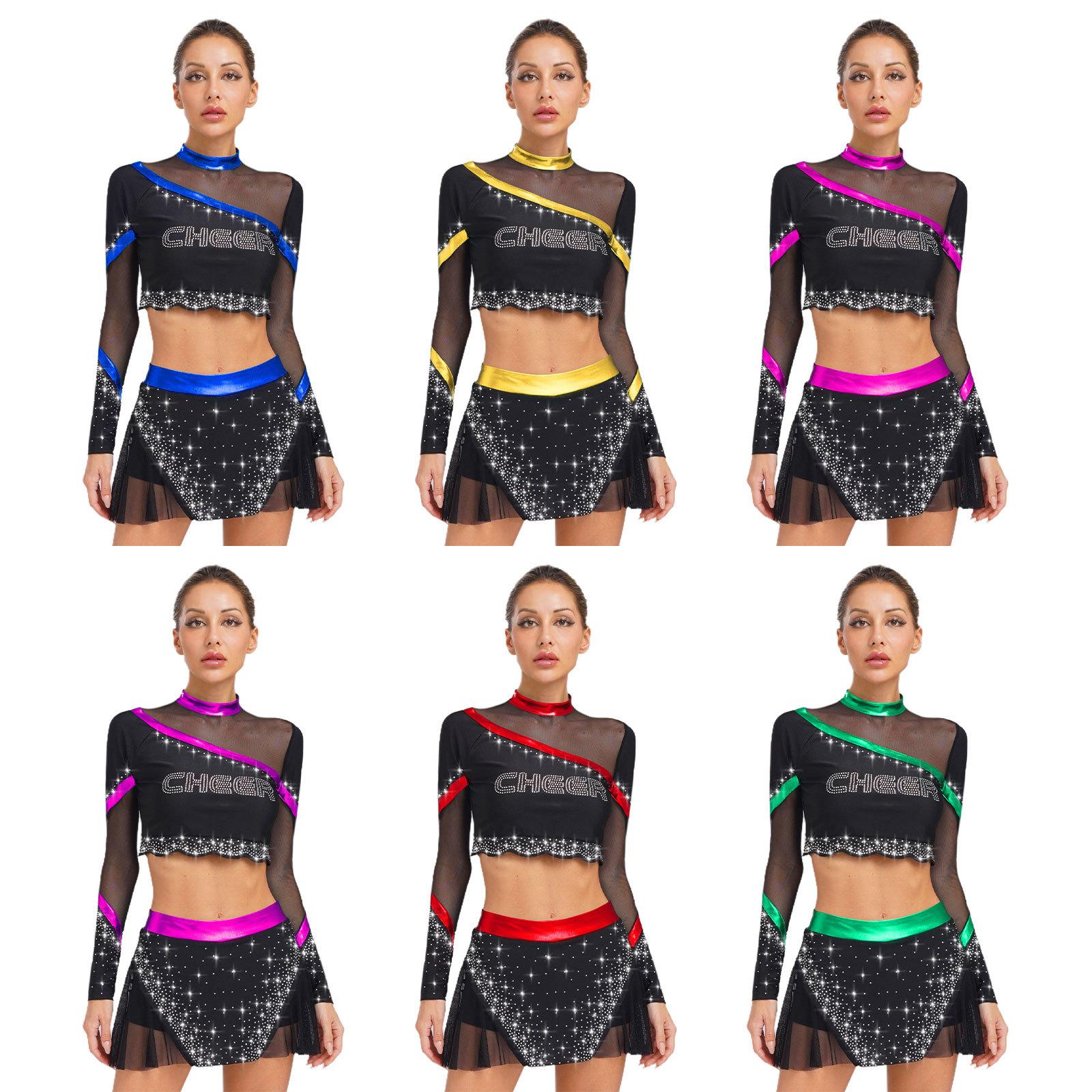 

Womens Cheerleading Costume Set Long Sleeve Rhinestone Crop Top Matching Dance Skirt Performance Outfit
