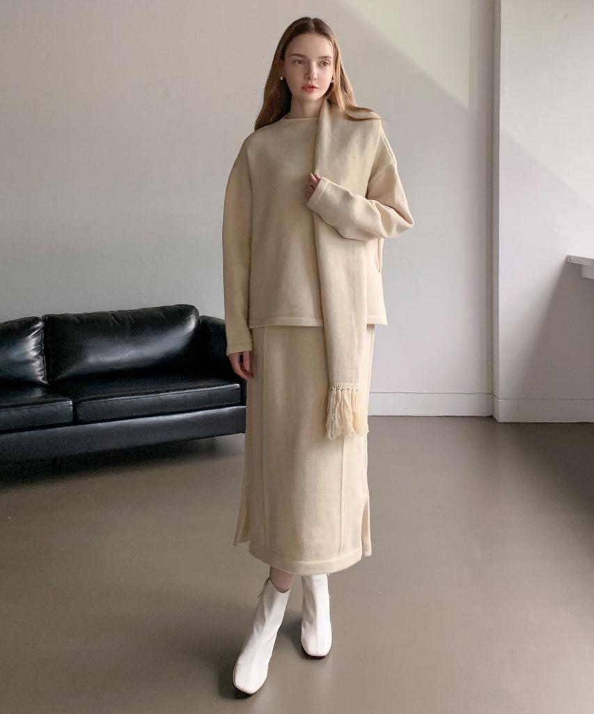 Baseukala [Set] Pullover Wool Knit+Slit Skirt+Muffler (4Colors)
