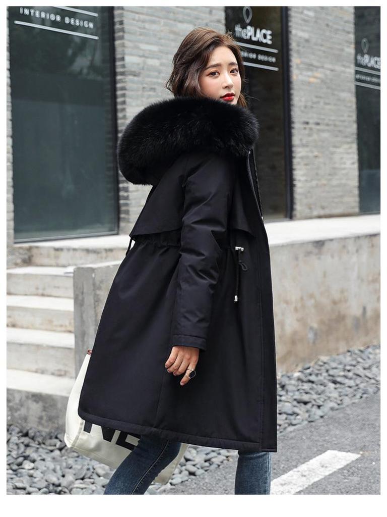 2025 Winter Women's Mid-Length Fur Collar Cotton Coat with Velvet Padding