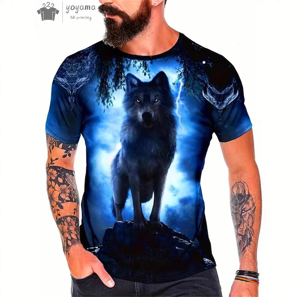 Men's Summer 3D Digital Printed White Wolf Round Neck Short Sleeved T-shirt