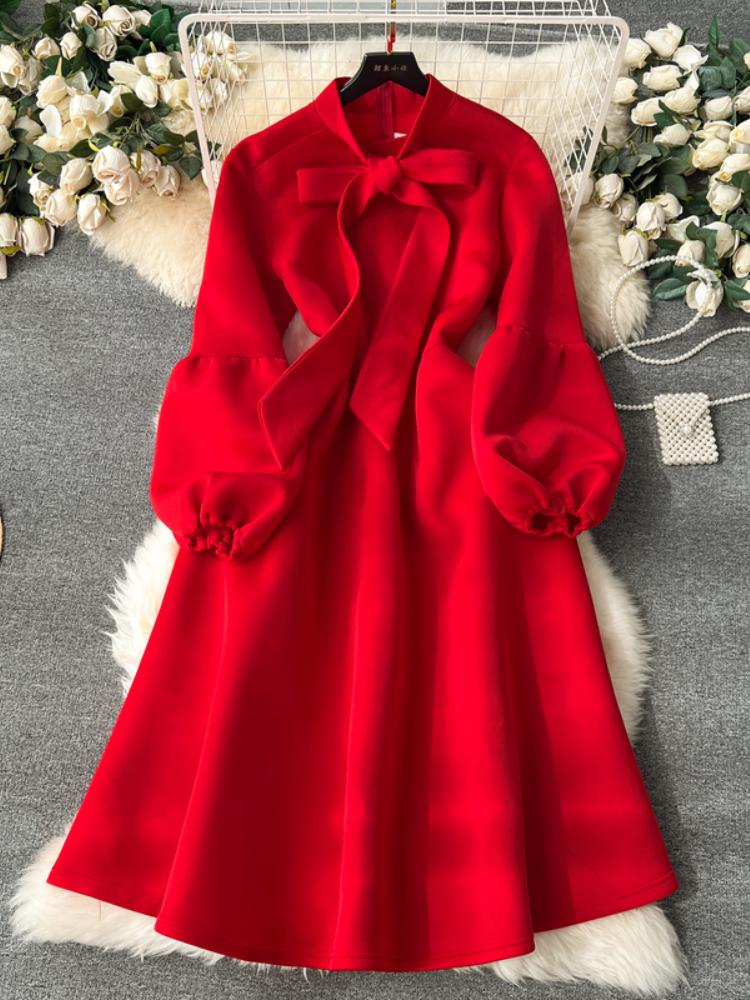 

Милое женское платье с бантом, шнуровкой, фонариком, длинным рукавом, однотонное платье с высокой талией, осень-зима 2025, новинка XXXL красный