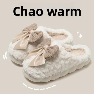 Chinelos de Algodão Masculinos Casa Interior Fofo Quente Casa Casal Pelúcia Laço Borboleta Casa Feminino Sapatos de Algodão Outono Inverno Chinelo de Casa