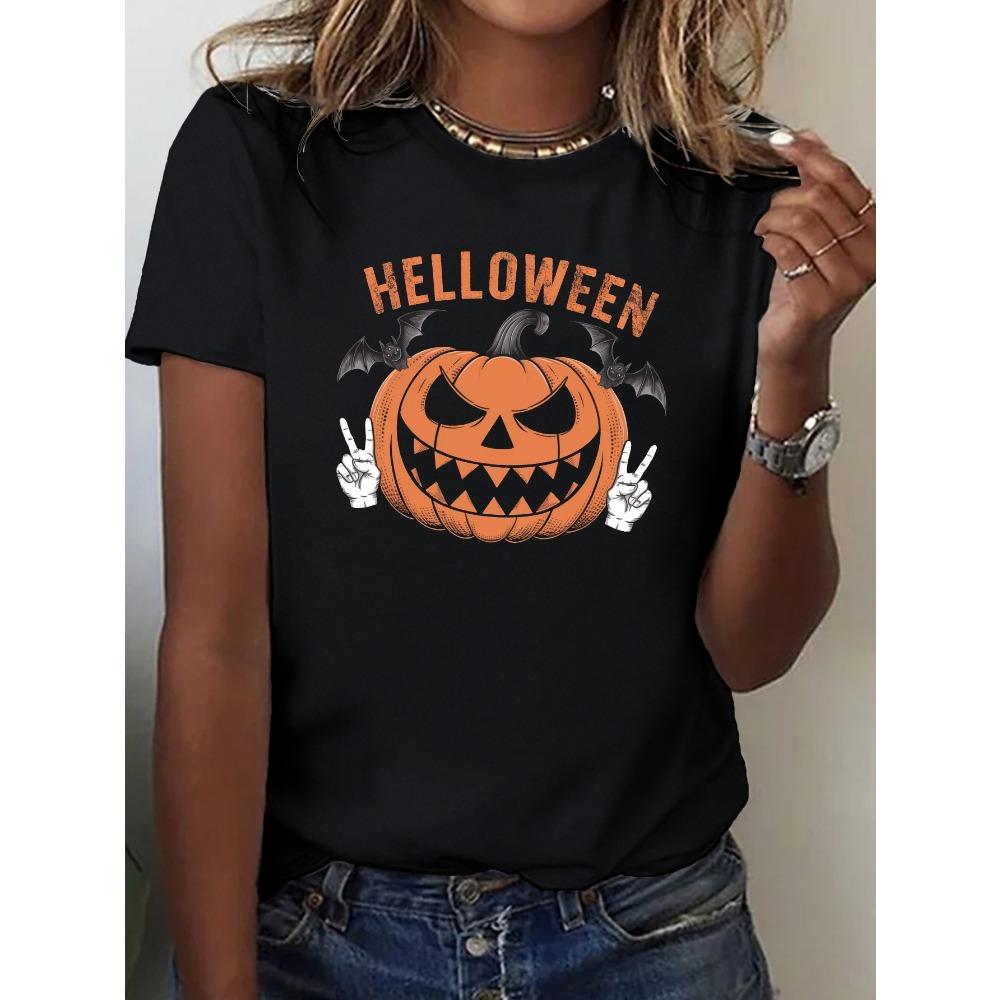 

Women s White Halloween T-Shirt Costume Sleeve Pure Top with Print Pumpkin Bat Peace Sign Design Aesthetic Clothes S