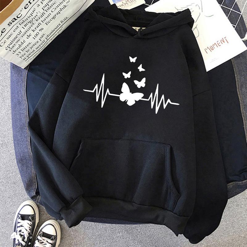 Fashion Butterfly and Heartbeat Graphic Print Kangaroo Pocket Hoodies Women's Autunm Winter Sweatshirts Hooded Clothes