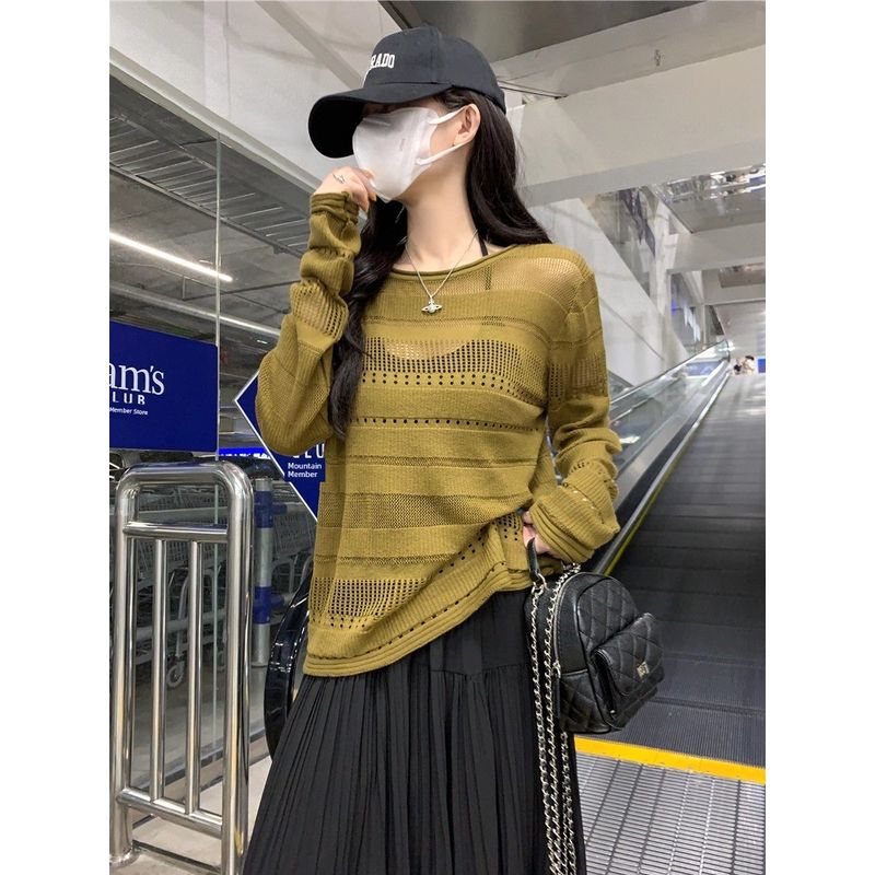 Stylish Thin Hollow Long Sleeves Knitwear Women's Early Autumn Loose Casual Black Blouse Loose Bottoming Tops
