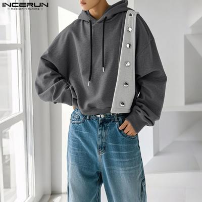 Men Long Sleeve Patchwork Casual Loose Pullover Hooded Sweatshirts 