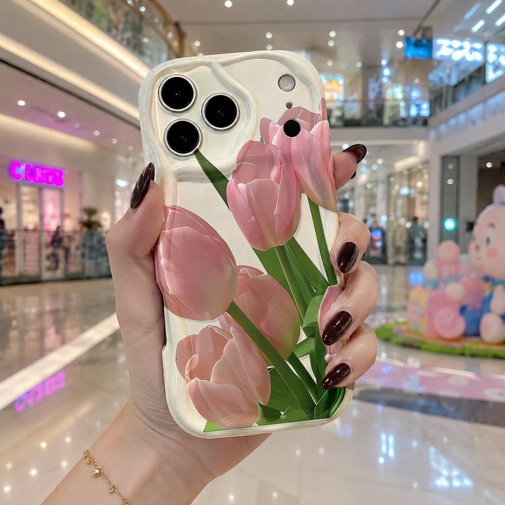 Pink Tulip Floral Pattern Wavy Edge Phone Case For iPhone 17 16 15 14 13 12 11 8 7 Plus Pro Max Spring Theme Soft Cover