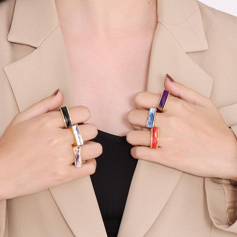 European-American Minimalist Gold Stainless Steel Multicolor Gemstone Ring for Women