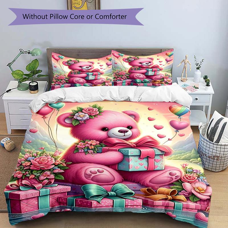 3pcs Pink Teddy Bear Bedding Set - Includes One Quilt Cover and Two Pillowcases (No Core) - Anime Cartoon Design, Perfect for Bedroom and Gu