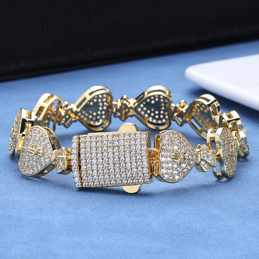 Fashion Full CZ Cubic Zirconia Dollar Purse Sign Cuban Link Bracelet Iced Out Miami Bling Diamond Hip Hop Jewelry for Men Women