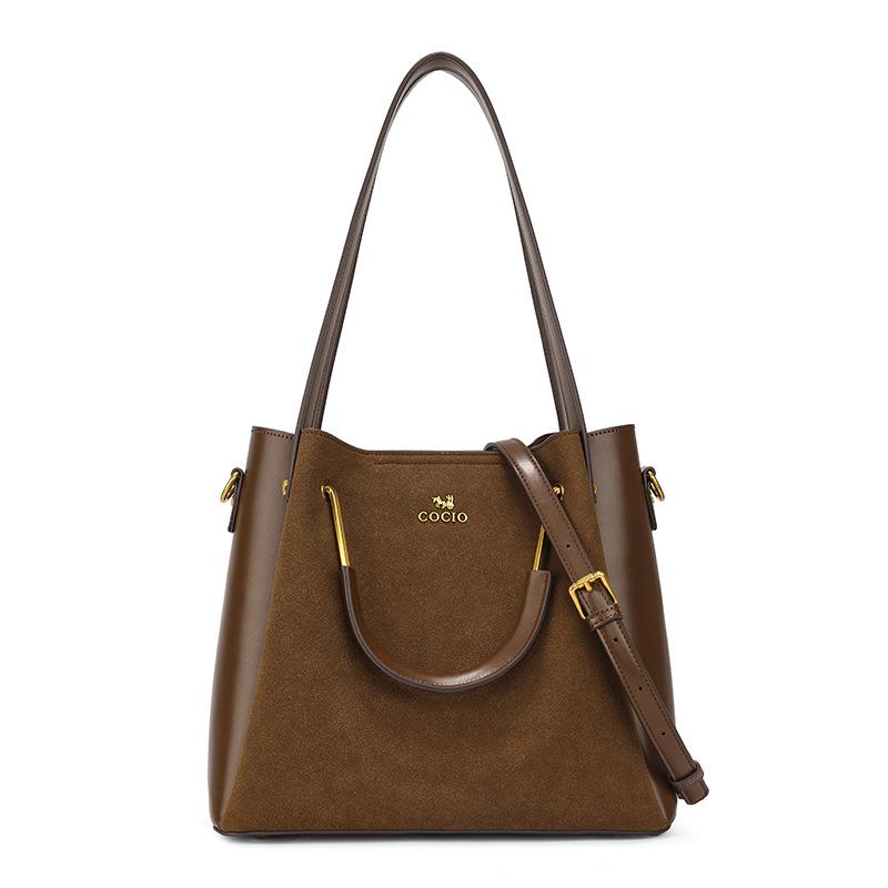 High-quality textured matte bucket bag for women, large-capacity vintage soft leather handbag, new crossbody bag коричневый