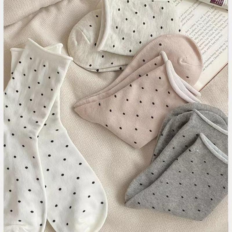 Female Spring and Summer Retro Curled Edge Polka Dots Literature Yuezi Tube Stack Socks