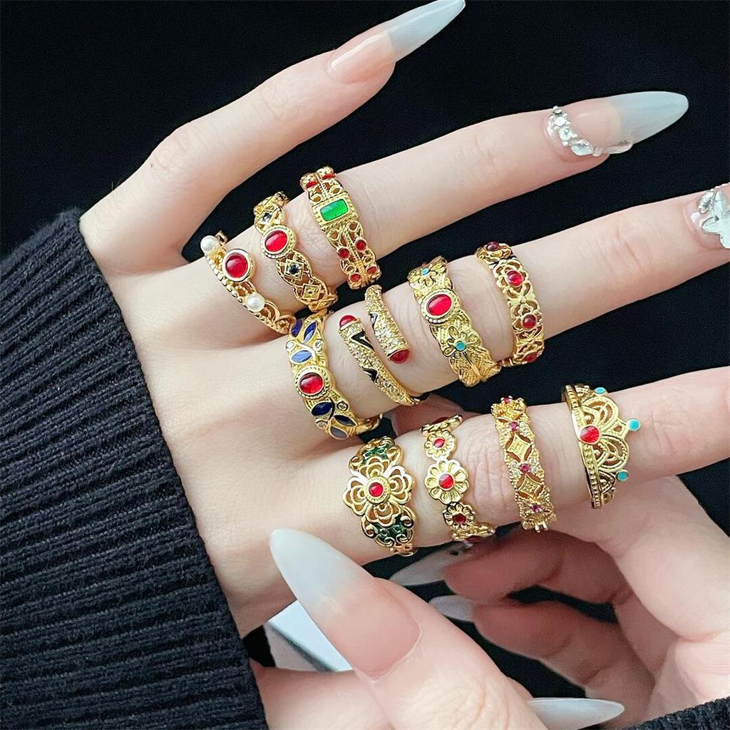 Gold Ethnic Style Retro Color Enamel Dripping Open Ring Fashion Pattern Medieval Exquisite High-End Ring