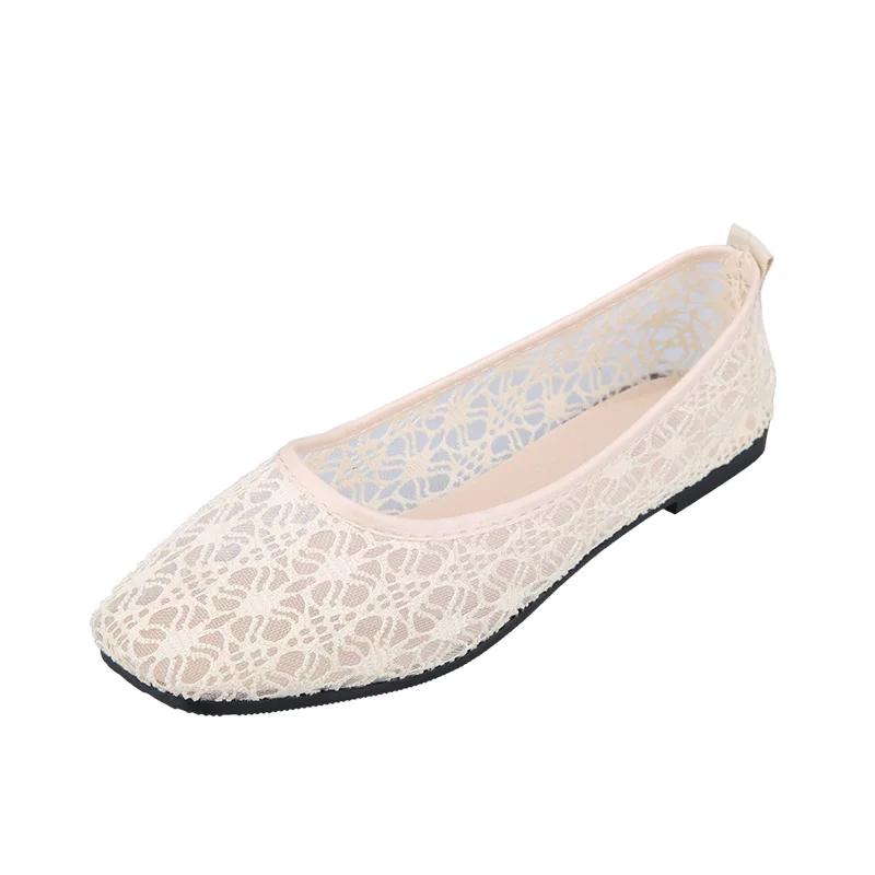 Moteriški permatomi nėriniai, minkšti balerinos bateliai, moteriški kvadratinio piršto, seksuali juoda, laivelio tipo avalynė, vasariniai, kvėpuojantys, smėlio spalvos, neslystantys, plokščiapadžiai, 35-40 dydžiai