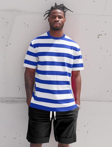 Zengjo Men's Striped T-Shirt (Blue and White, Thick, Size S)