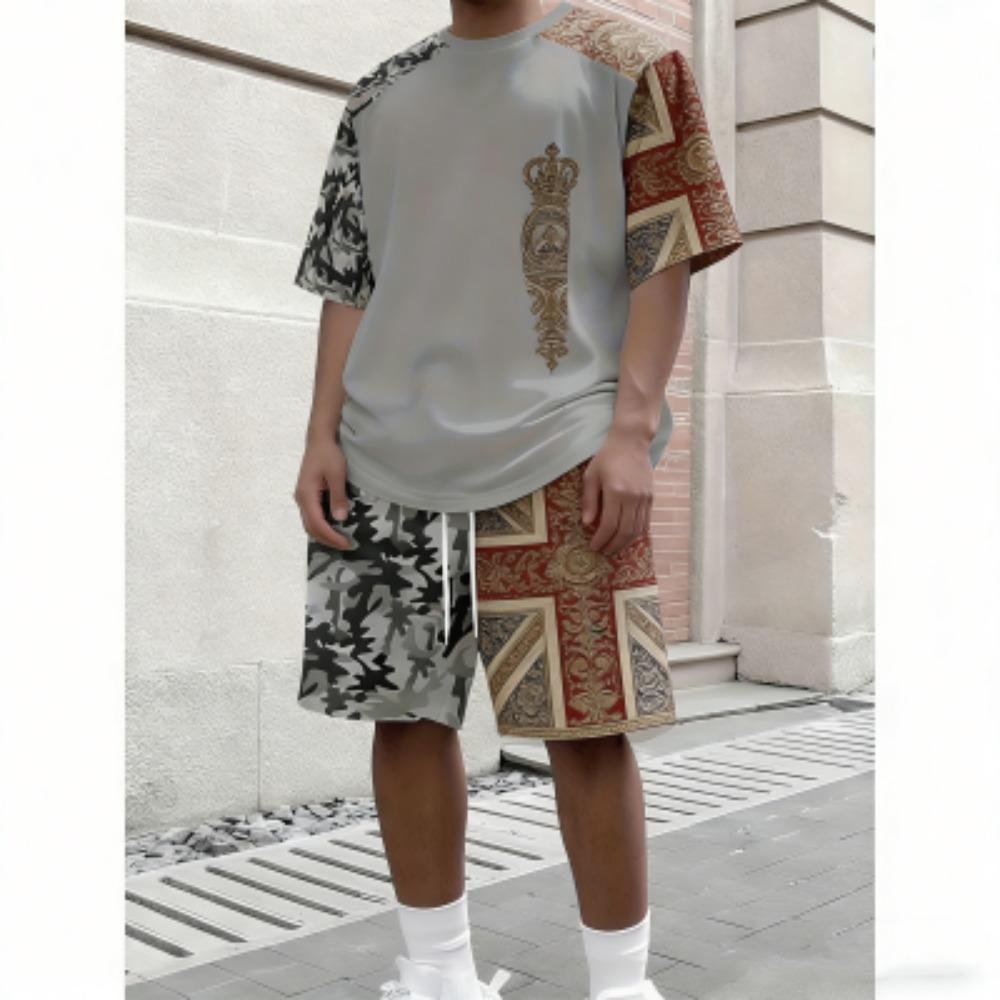 Summer Fashion European Style Printed Men s T-shirt and Shorts 2 Piece Set Summer Casual Outdoor Men s and Women s Outfit Men s Set XXS