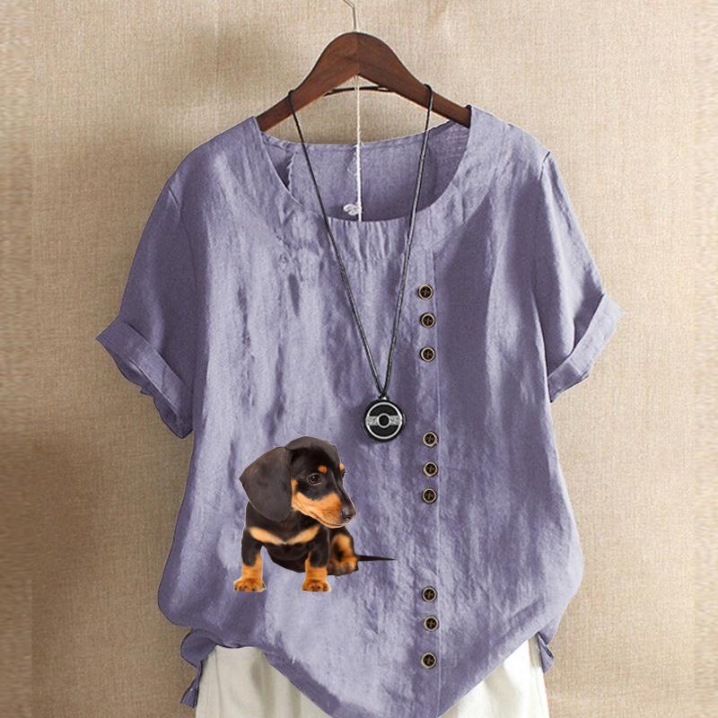 Women's New Fashion Linen Shirt Round Neck Short Sleeve Dog Printed T-shirt Summer Ladies Casual Plus Size Blouse Tops