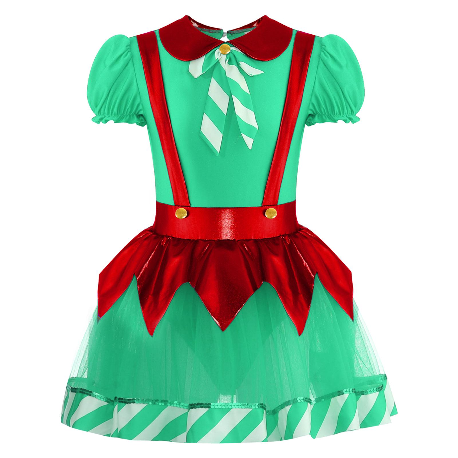 

Дівчаче Різдвяне плаття-пачка з пишними рукавами, ажурною спинкою та бантом, у смужку, комбінезон на підтяжках, танцювальний купальник 3-4 Years зелений