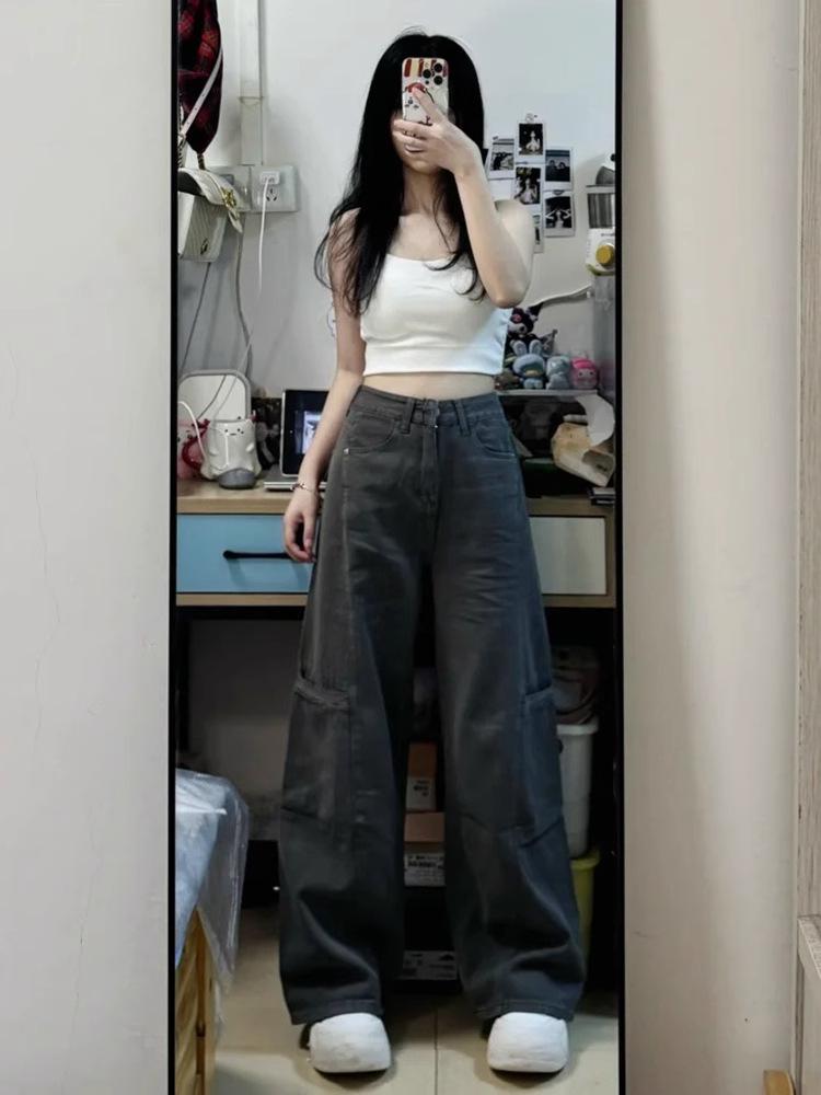 Women's High-Waist Gray Wide-Leg Jeans - Summer Retro Slimming Straight-Leg Pants