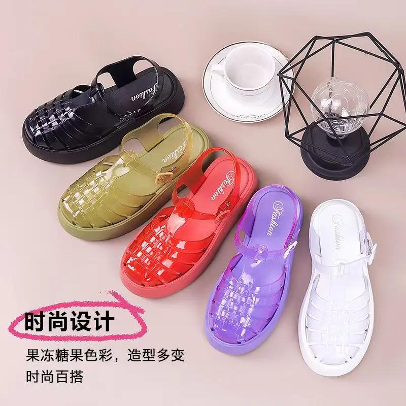 Fashion Women's New Thick Soled Jelly Sandals 2025 Summer Fashion Multifunctional Woven Hollow Flat Roman Shoes Women's Platform Sandals