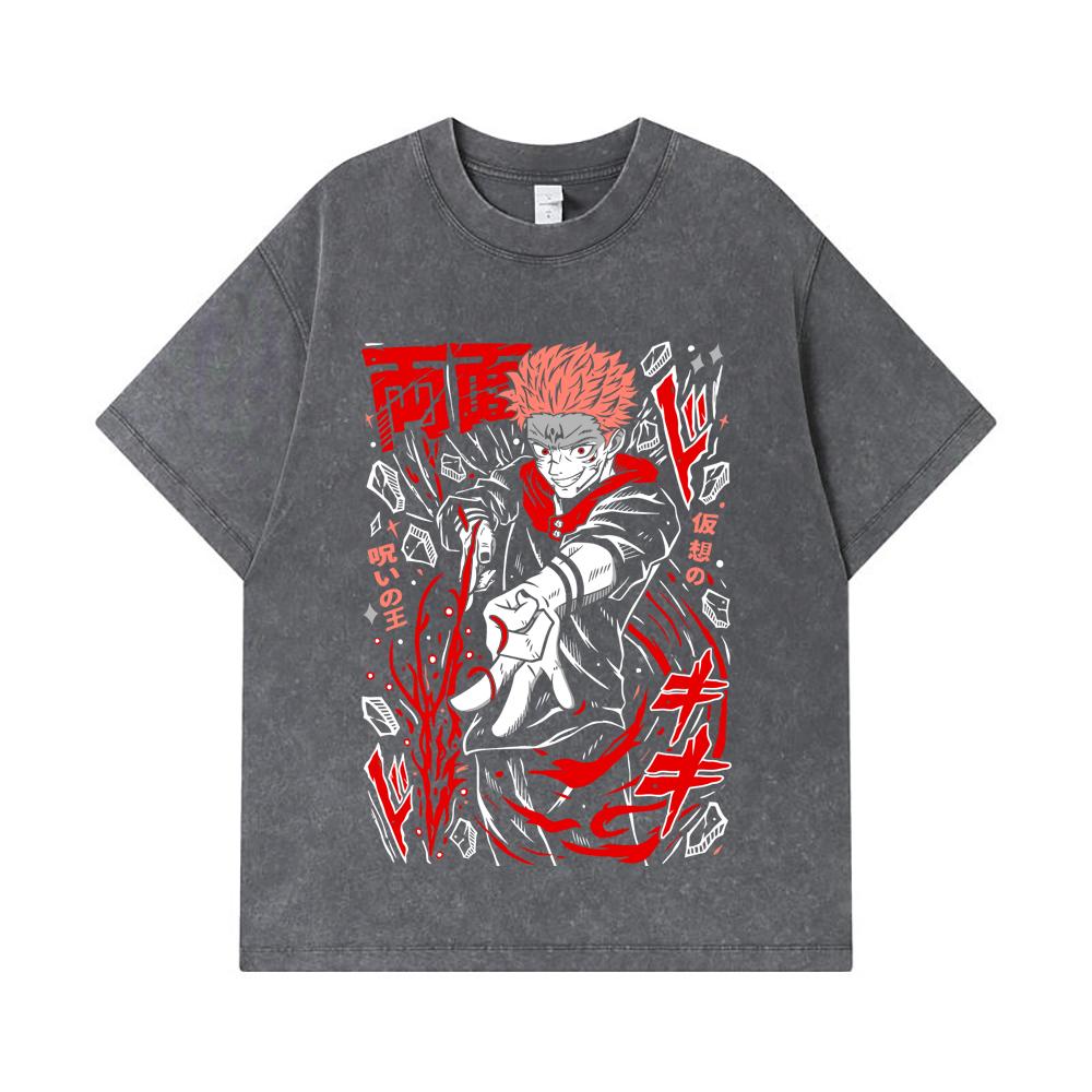 275 GSM Washed T-shirts 100% Cotton Jujutsu Kaisen V31 Sukuna Print Unisex Heavy Cotton T Shirt
