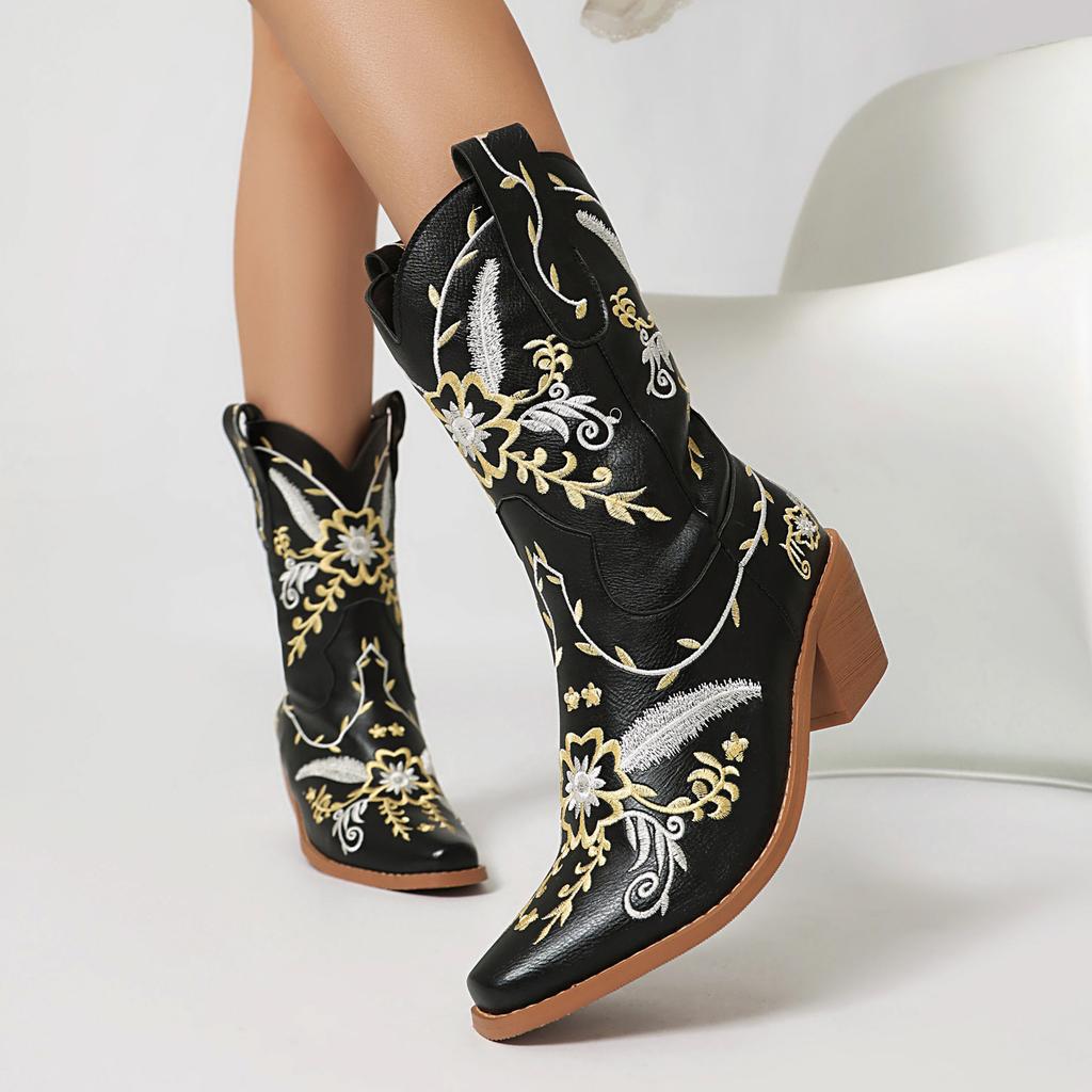 Fashion IPPEUM Cowboy Boots For Women Brown Ankel Block Heel Embroider Silver Pu Leather Plush Size 35-46 Western Cowgirl Shoes