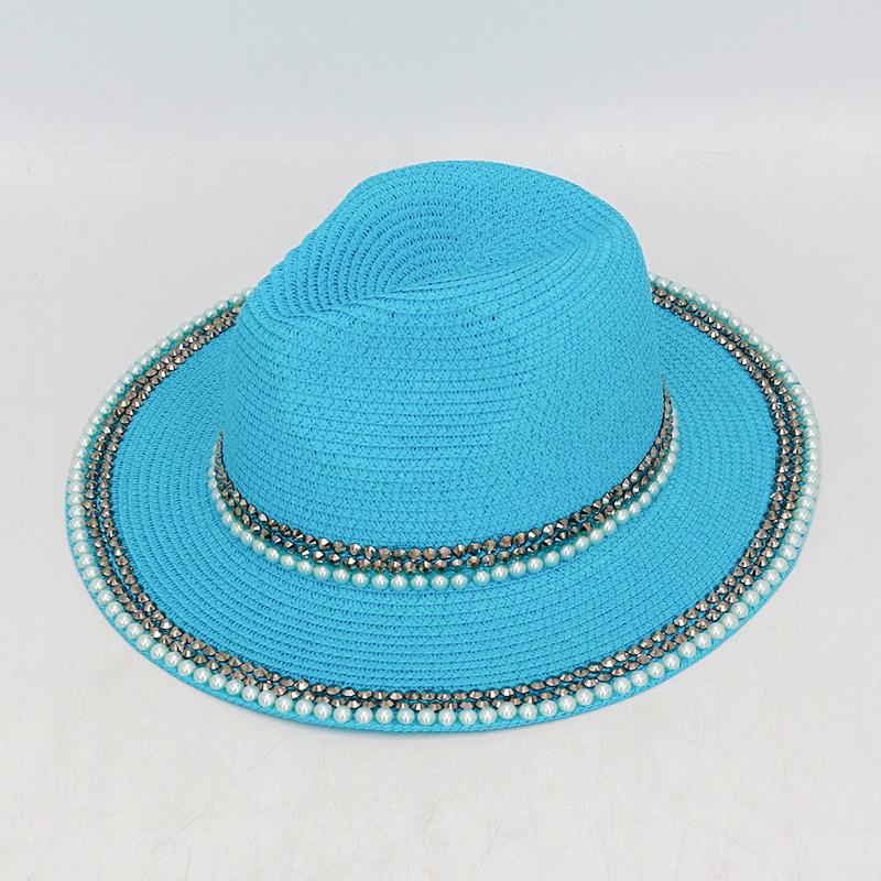Woven Lafite Pearl Straw Hat British Style Hot Diamond Top Hat Outdoor Trend Sun Protection Big Brim Sun Hat