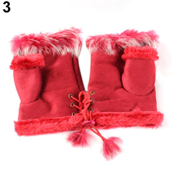 Women's Winter Faux Rabbit Fur Faux Leather Fingerless Mittens Wrist Gloves