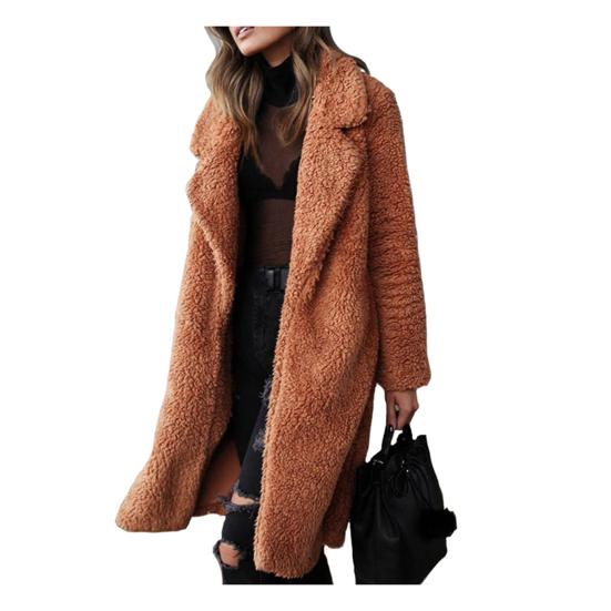 Women Winter Thicken Plush Lapel Solid Color Long Sleeve Warm Cardigan Midi