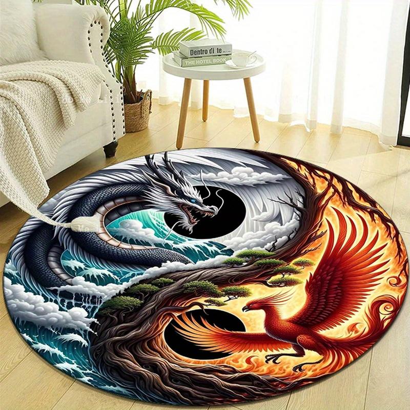 Crystal Velvet Dragon and Phoenix War Printed Round Carpet Chair Round Carpet Suitable for Bedroom Living Room Home Decorative Carpet Anti-s