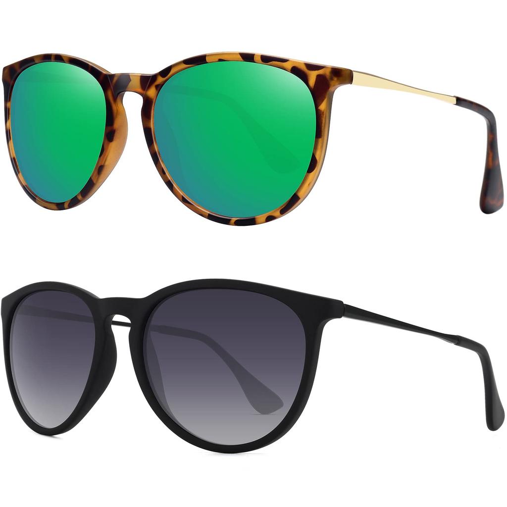 WOWSUN Vintage Retro Round Polarized Sunglasses with Mirrored Green Women's Lenses,