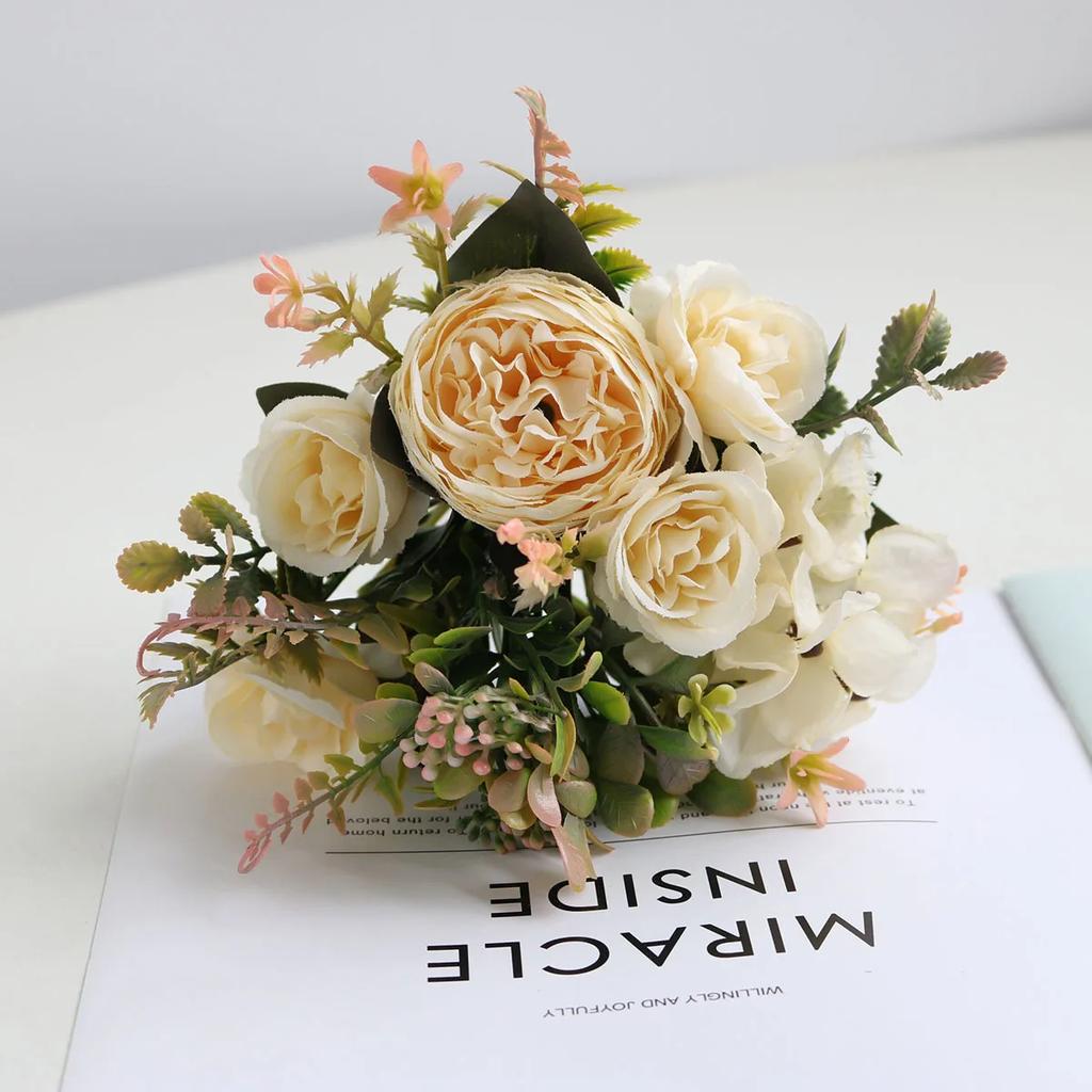 Peonies & Rose Artificial Flowers - Autumn Silk Hydrangea Bouquet, Wedding Arrangements & Home Decoration
