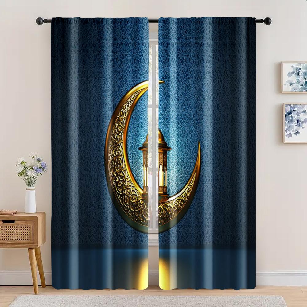 2pc,  Curtain Eid Mubarak Backdrop Decoration for Photography Background Muslim Mosque Moon Pattern Ramadan Kareem Islam
