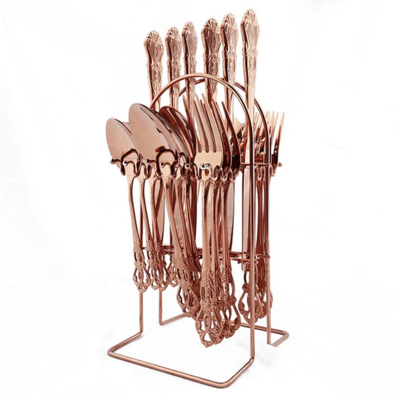 24PCS Vintage Tableware Cutlery Set Dinner Knife Fork Spoon Flatware Set Western Style Luxury Engraving Dinnerware with Rack Set