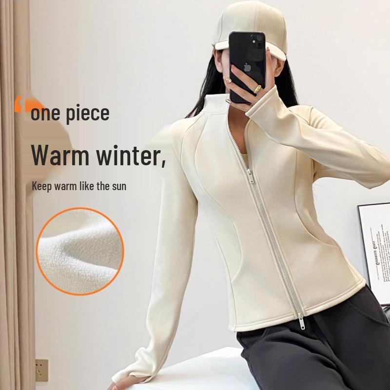 Women's Slimming Fleece-Lined Yoga Jacket - Windproof, Warm, Double Zipper, Versatile, Spring Sports Top