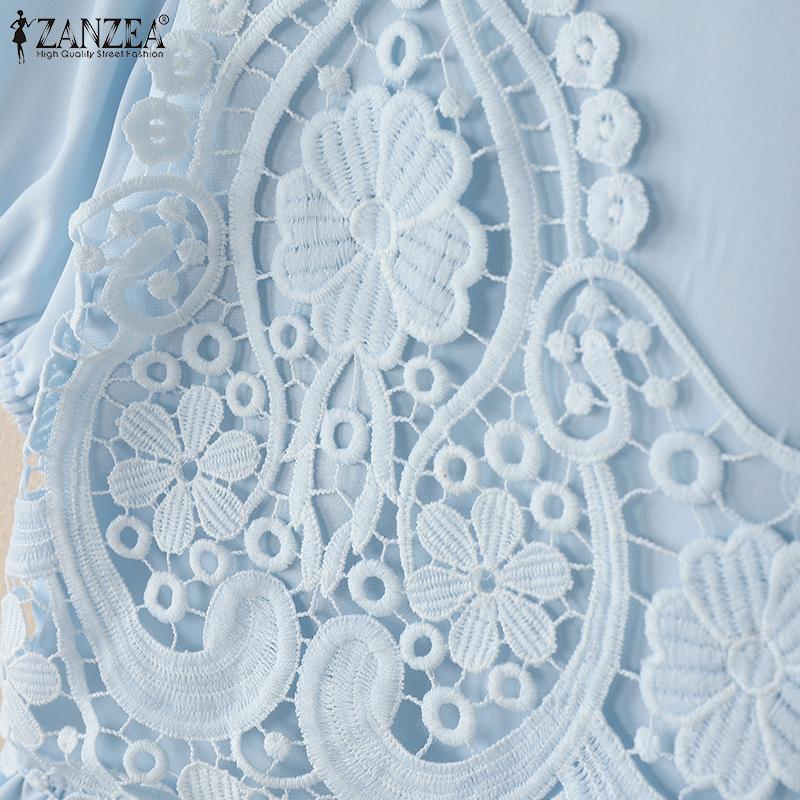 ZANZEA Women Casual Round Neck Crochet Patchwork Summer Short Sleeve T-Shirts