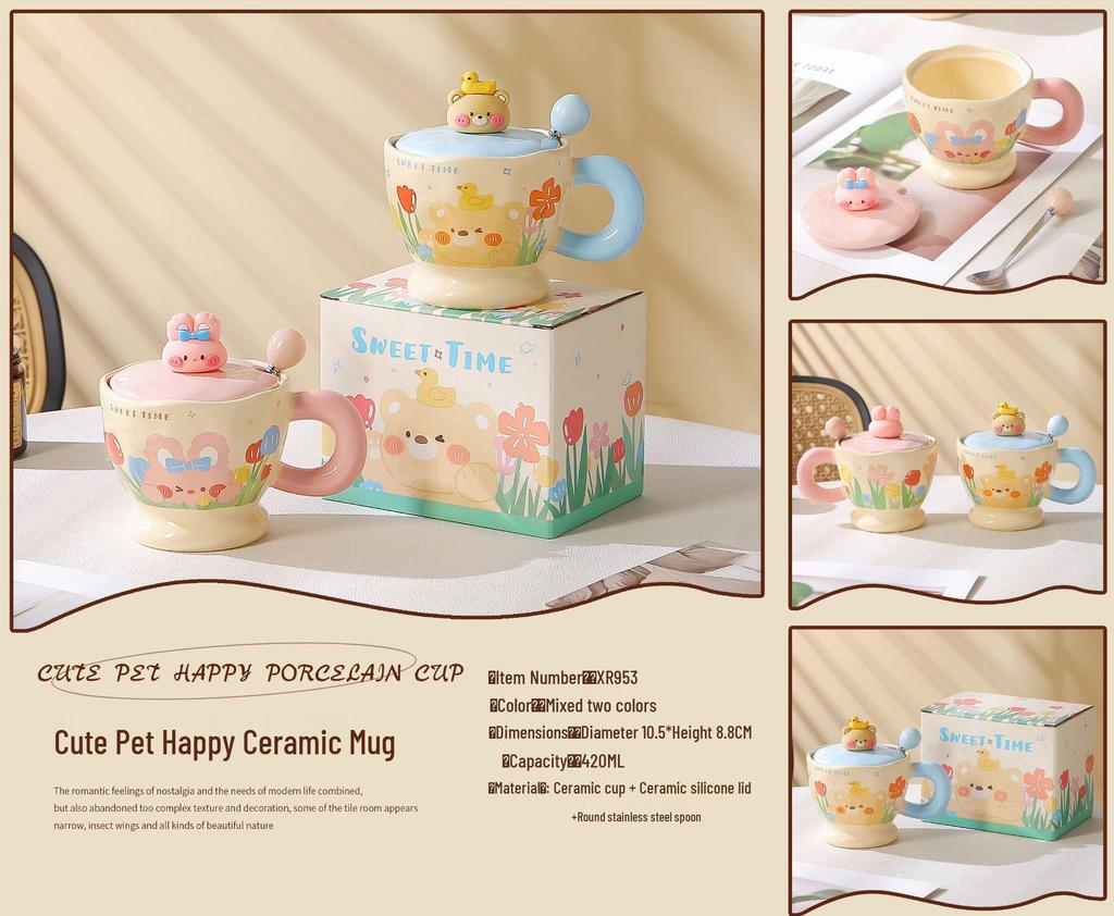 Adorable Rabbit & Bear Ceramic Mug with Lid and Spoon - Perfect for Home or Office