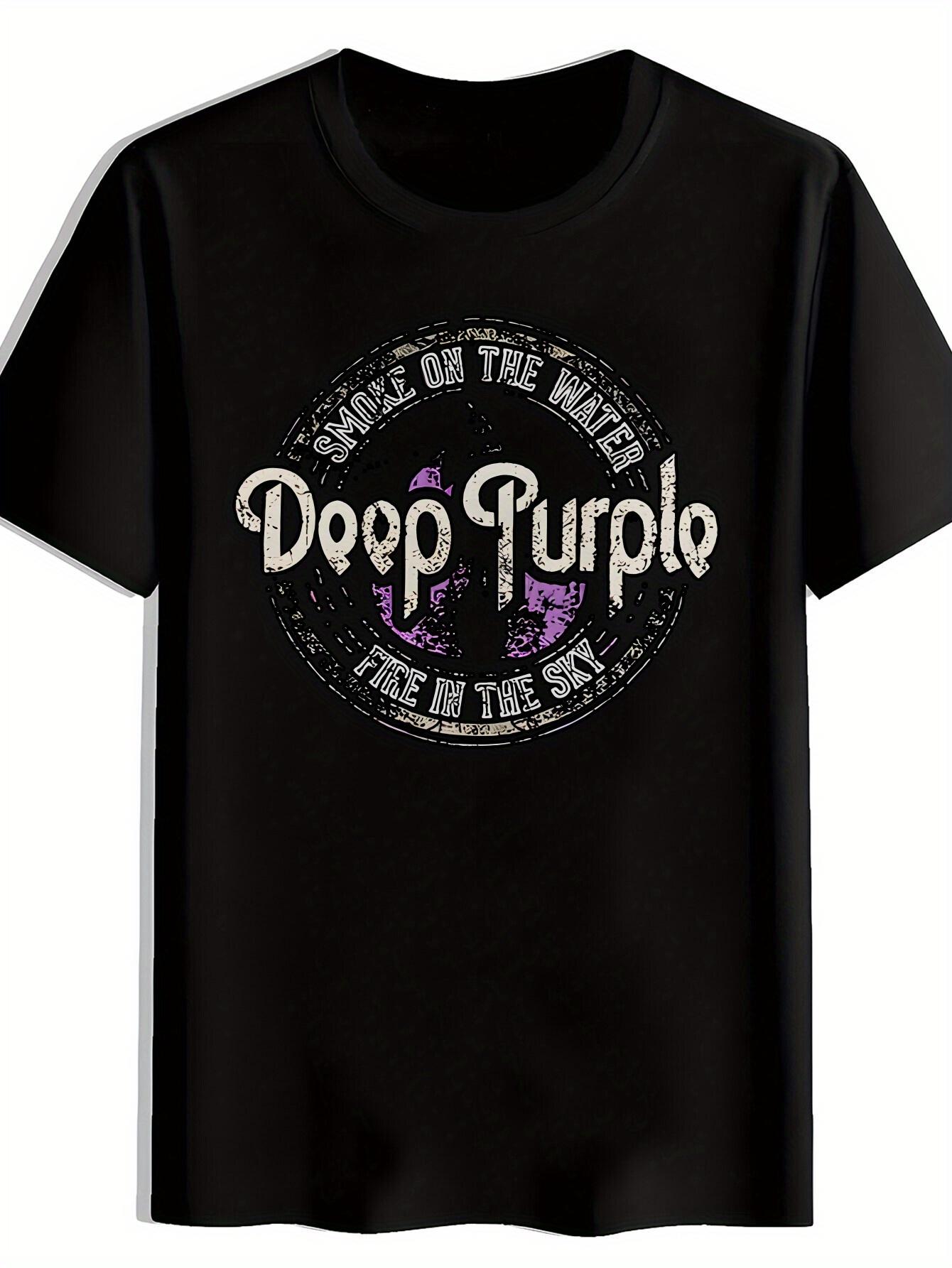 Mens Retro Rock Band Pattern Tshirt Black distressed letter short sleeved top with Deep Purple and retro logo S