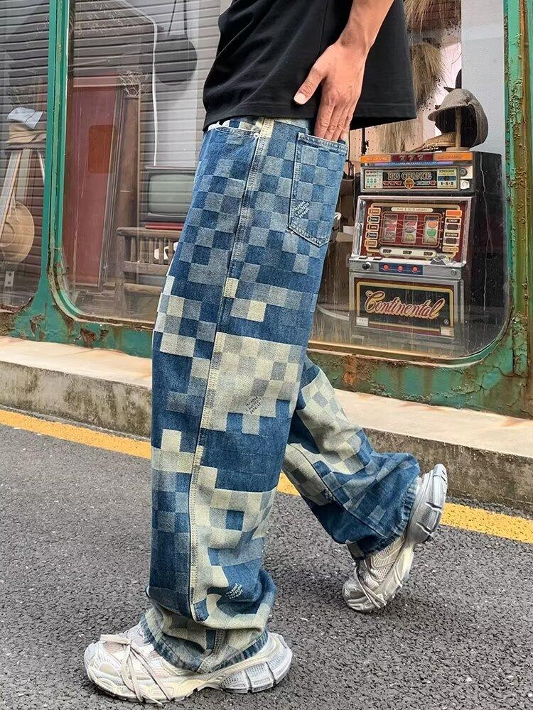 Hong Kong Style Trendy 2026 Men's Hip Hop Letter Jeans: High Street Rogue Cool Long Pants