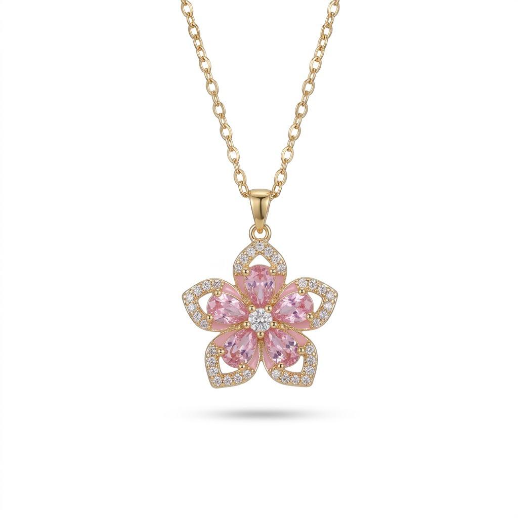 Bauhinia Zircon Flower Necklace for Women - European & American Style, 360° Rotatable Five-Petal Design