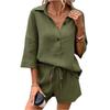 Fashionable Women's  Color Cotton And Linen Lapel Short Sleeved Slim Belt Shorts Casual Set