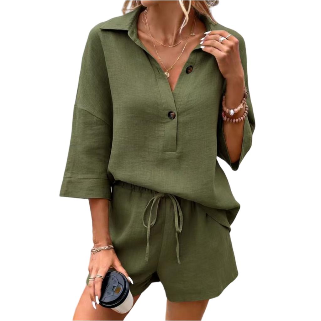 Fashionable Women's Color Cotton And Linen Lapel Short Sleeved Slim Belt Shorts Casual Set