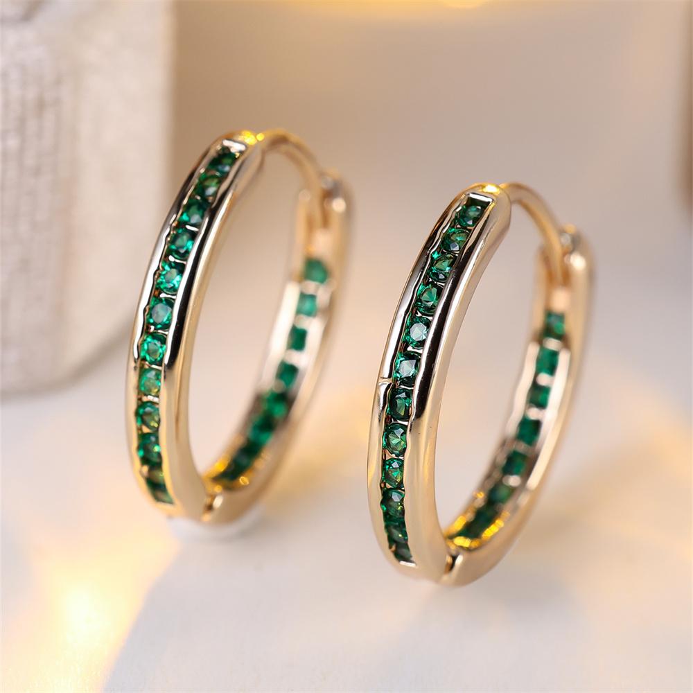 Trendy Green Crystal Hoop Earring Single Row Small Round Stone Earrings For Women Vintage Rose Gold Silver Color Wedding