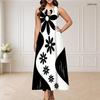 Women Plus Size Round Neck Sleeveless Maxi Dress Black White Swirl Printed Triple Keyhole Cutout