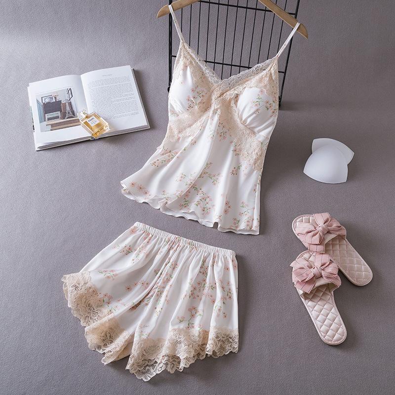 New sexy pajamas women's summer ice silk nightdress suspender shorts loungewear two-piece suit thin Internet celebrity live broadcast